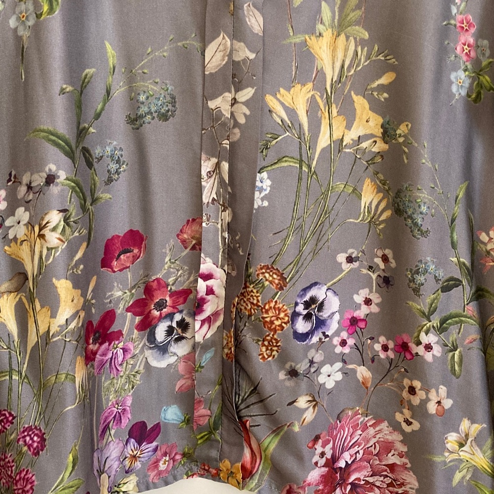 Lola Floral Satin Button-Front Blouse — Gray with Pink, Yellow & Green - Picture 3 of 9
